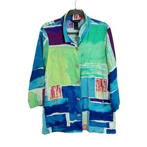 Ali Miles‎ Linen Jacket Size L Multicolor Watercolor Art to Wear Wire Collar